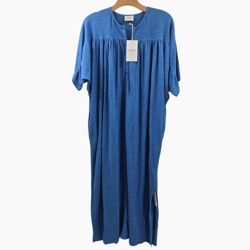 Wrap London Dress Size US 4 Linen Jersey Bright Blue‎ Midi Side Slits NWT